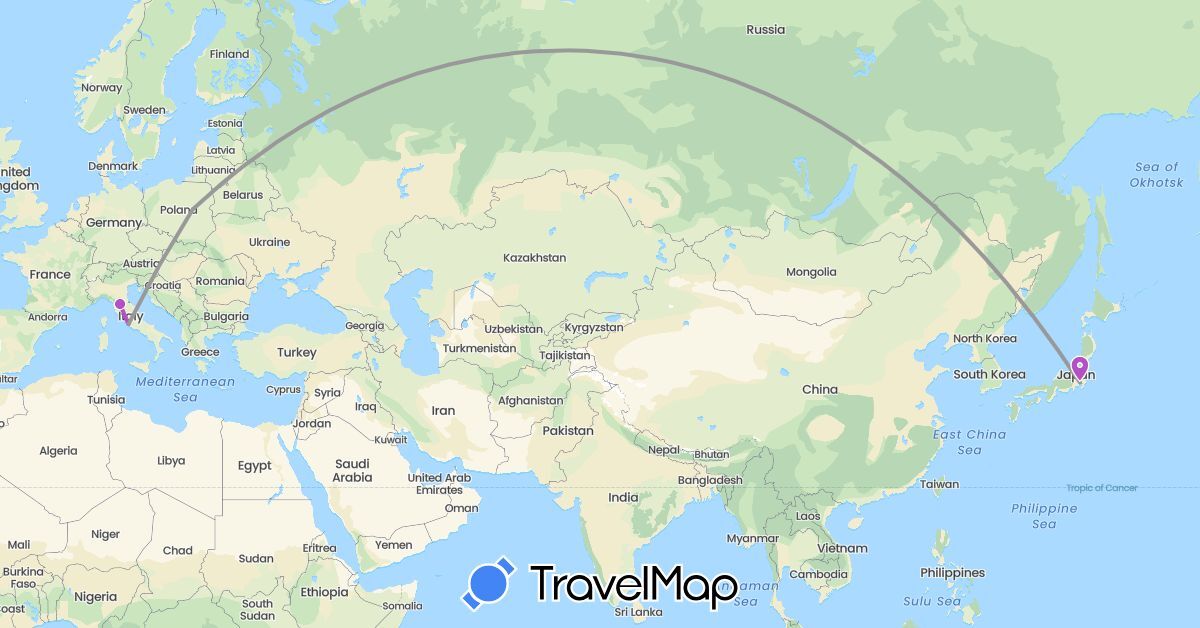 TravelMap itinerary: driving, plane, train in Italy, Japan, Poland (Asia, Europe)